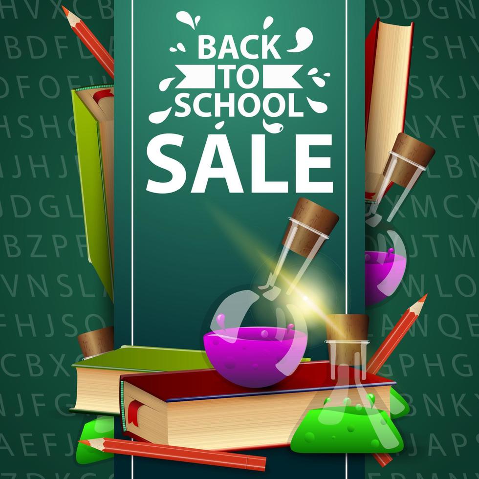 vente de retour à l'école, bannière web verte avec livres et flacons chimiques vecteur