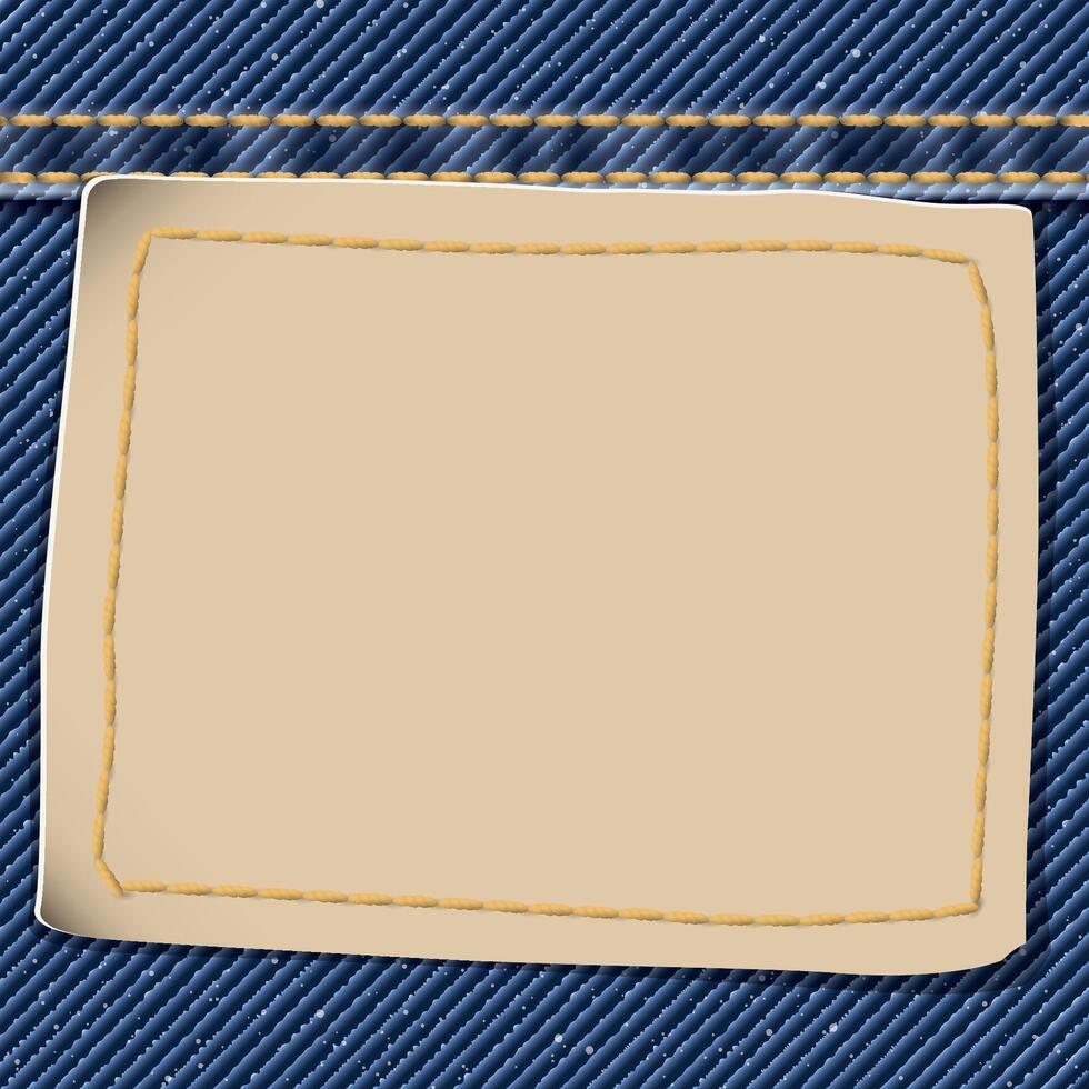 Vide cuir badge sur denim bleu jean textile modèle Contexte avec or coutures et pli illustration. vecteur