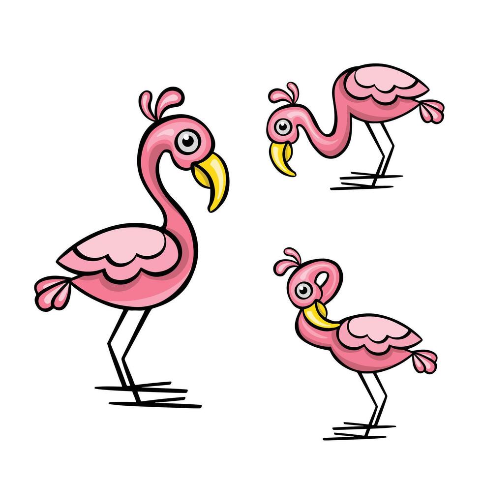 ensemble de rose flamants roses dessin animé style des illustrations autocollants vecteur