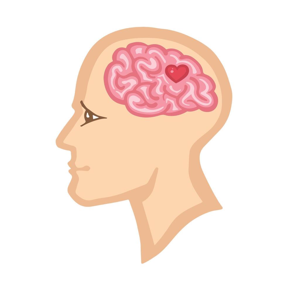 mental santé symbole, cœur dans cerveau Couleur dessin animé illustration vecteur