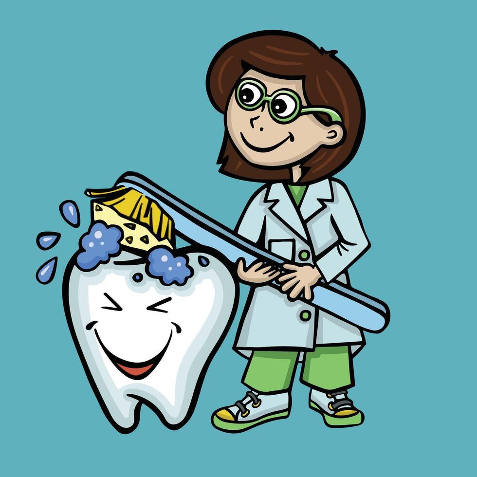 dentiste nettoyage une dent avec une brosse à dents dessin animé style vecteur