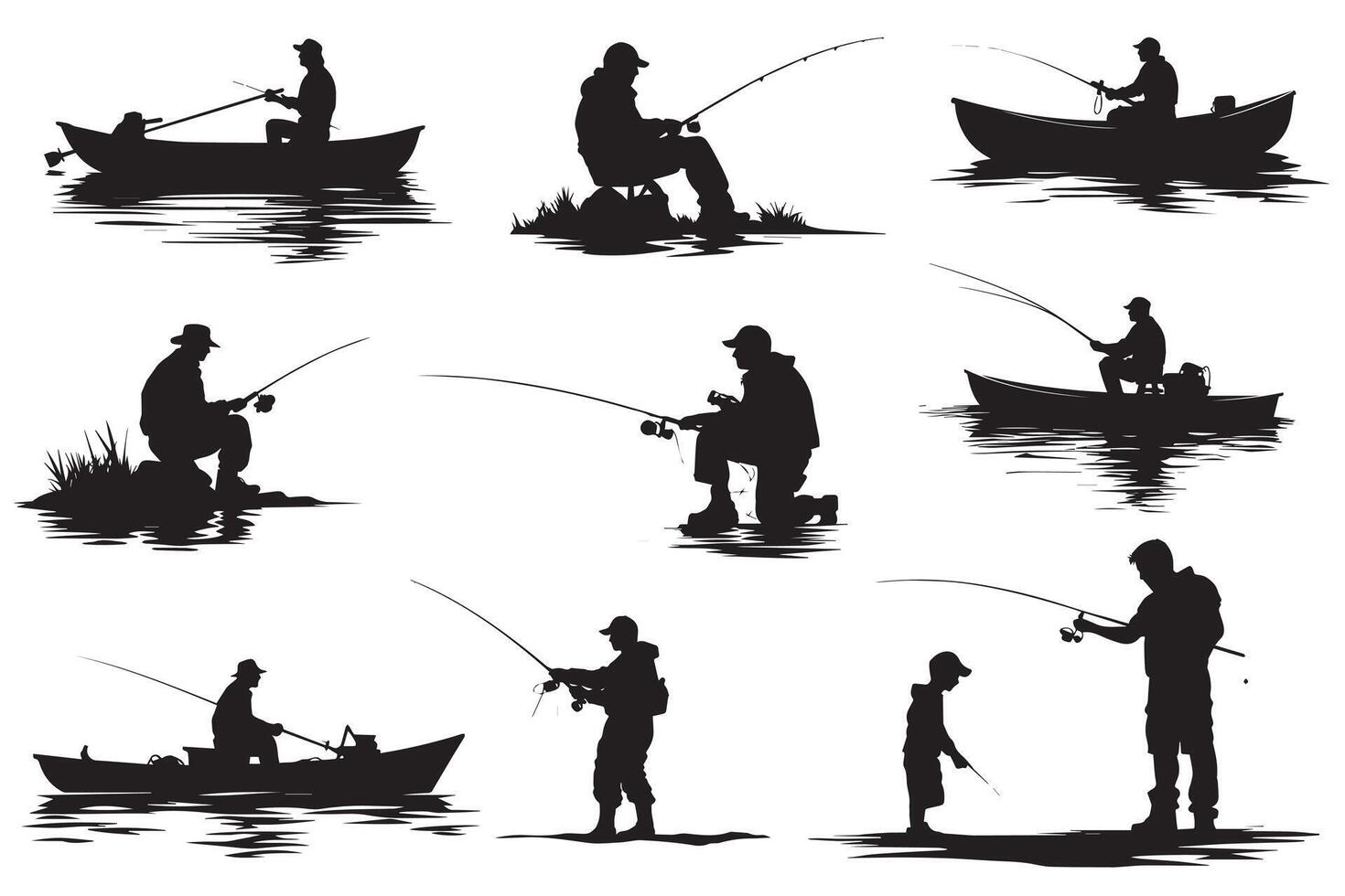 pêcheur dans bateau silhouette illustration vecteur