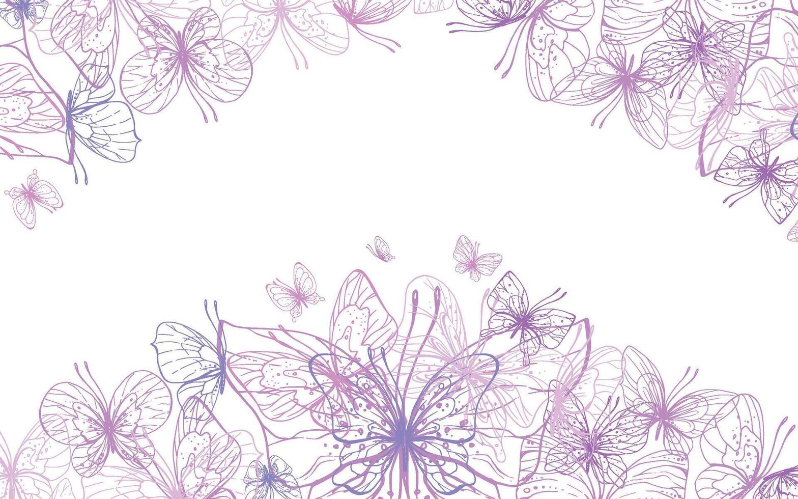 papillons sont rose, bleu, lilas, en volant, délicat ligne art. graphique illustration main tiré dans rose, lilas encrer. carré cadre, modèle eps vecteur