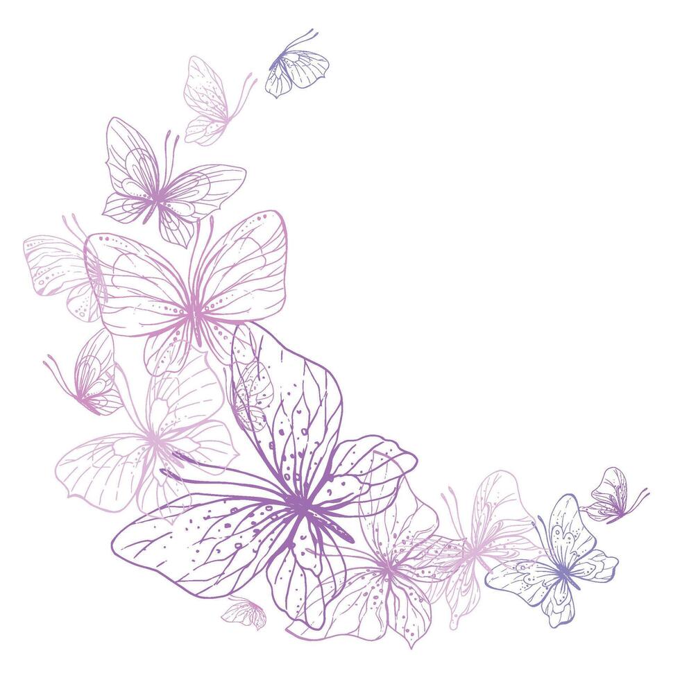 papillons sont rose, bleu, lilas, en volant, délicat ligne art. graphique illustration main tiré dans rose, lilas encrer. cercle cadre, modèle eps . vecteur