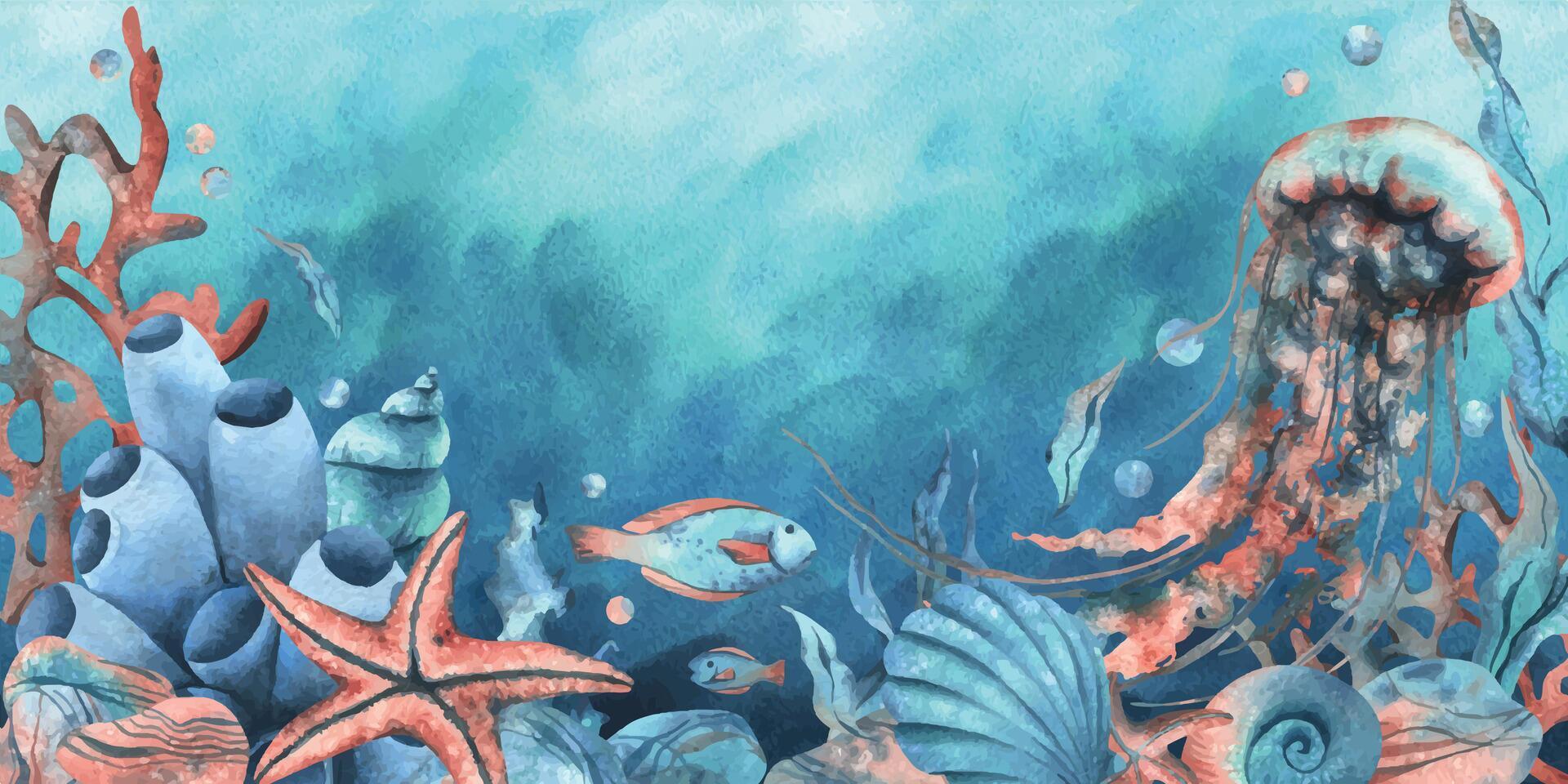 sous-marin monde clipart avec mer animaux baleine, tortue, pieuvre, hippocampe, étoile de mer, coquilles, corail et algues. main tiré aquarelle illustration. frontière, modèle, Cadre sur une bleu Marin Contexte. vecteur