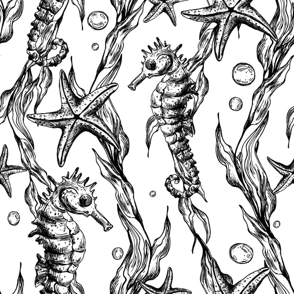sous-marin monde clipart avec mer animaux hippocampe, étoile de mer, bulles et algues. graphique illustration main tiré dans noir encrer. sans couture modèle eps . vecteur