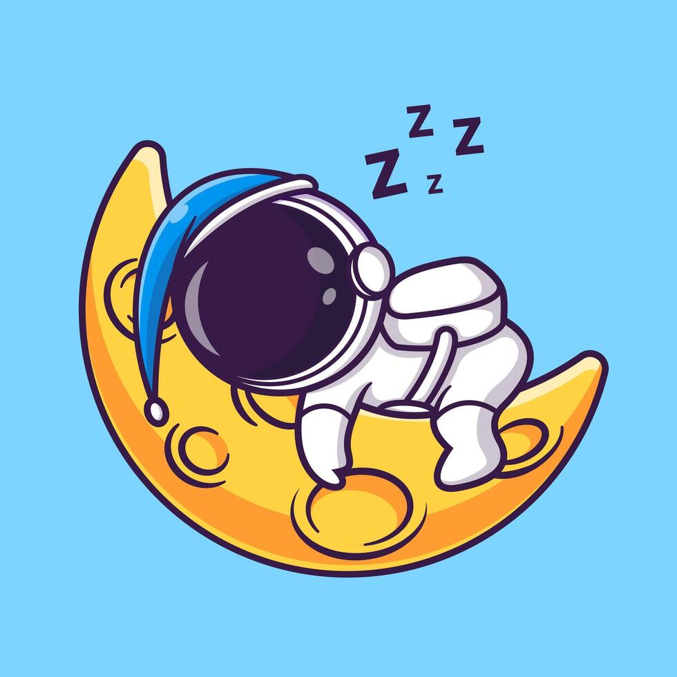 mignonne astronaute en train de dormir sur lune portant bonnet chapeau dessin animé vecteur