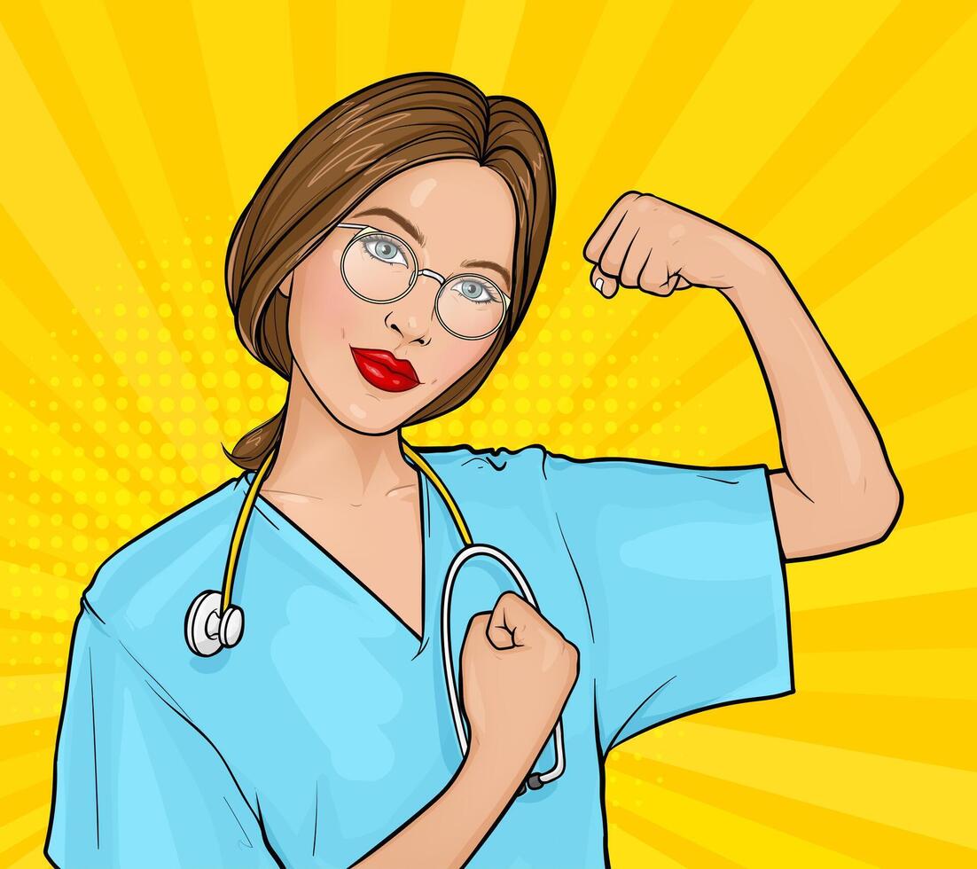 pop art illustration de une marron cheveux médecin femme avec des lunettes dans uniforme démontrant sa force par poing. motivant affiche avec une médical infirmière nous pouvez faire il. médicament ou soins de santé concept vecteur