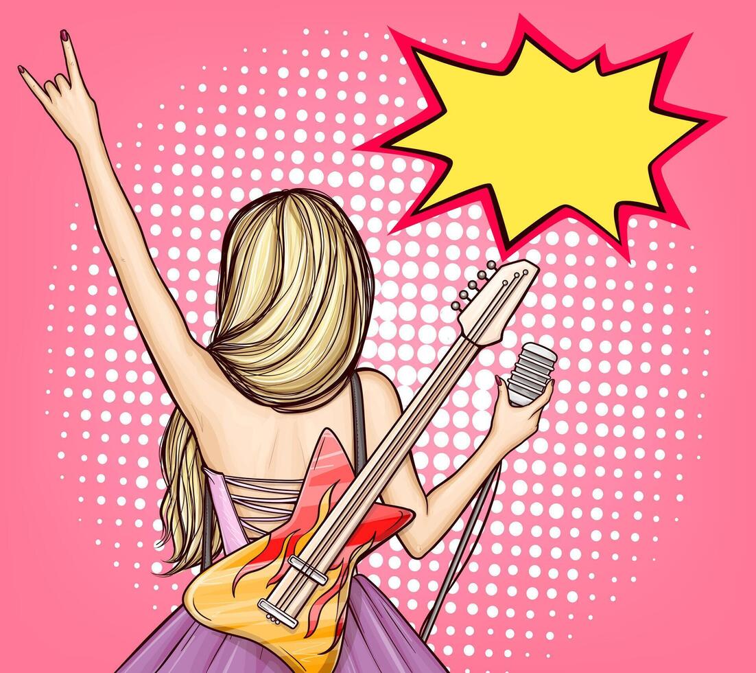 pop art cool Roche étoile fille dans robe avec électrique guitare et microphone montrant Roche 'n' rouleau signe, retour voir. musicien sur organiser. affiche pour métal festival, faire la fête, disco, concert, la musique fête. vecteur