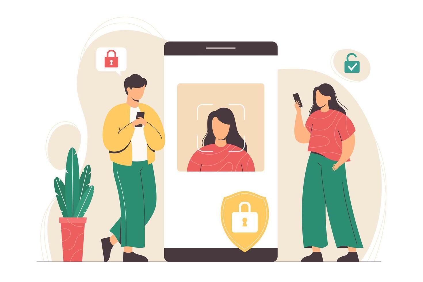 faciale reconnaissance La technologie concept. visage id système dans téléphone intelligent application, biométrique identification concept. homme et femme supporter avec Téléphone (s et analyse visages à Vérifier identité de la personne et ouvrir dispositif vecteur