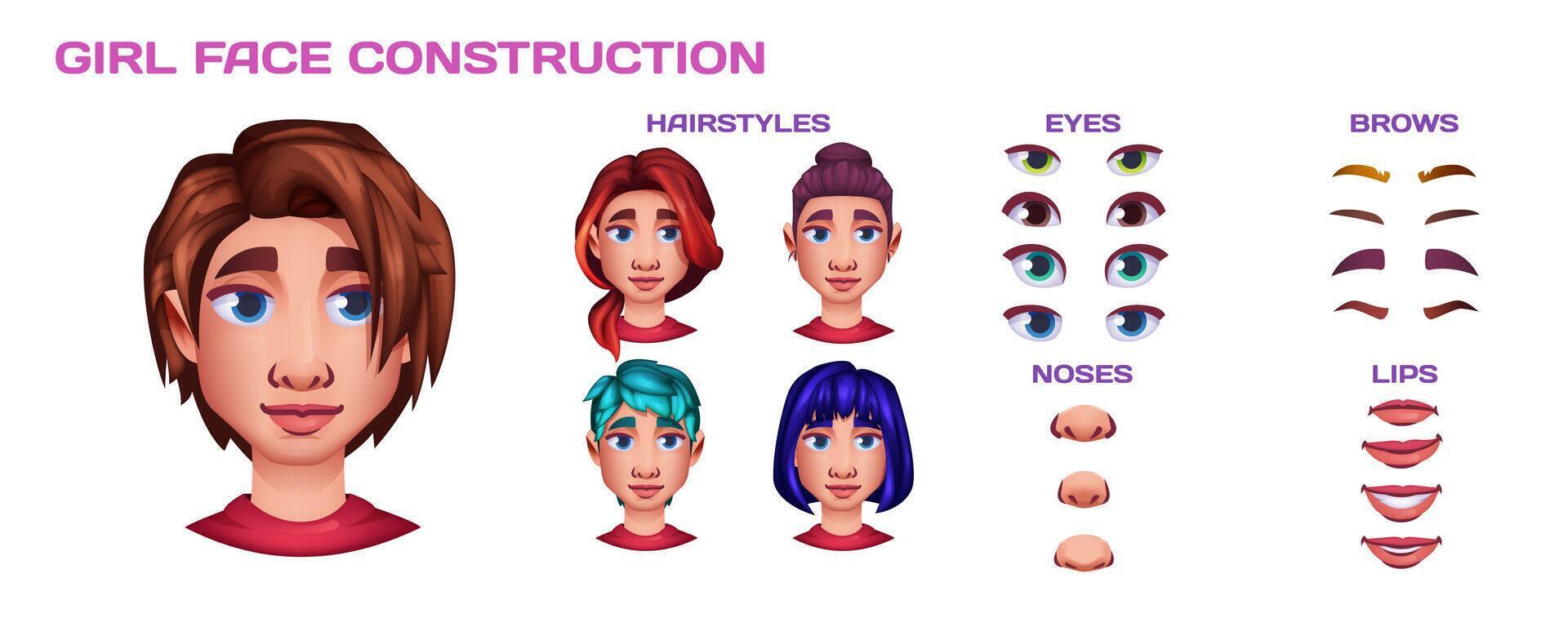 fille visage constructeur dans dessin animé style. avatar de femme création coiffure, nez, lèvres, yeux, sourcils. différent faciale construction éléments isolé sur blanc Contexte. peau pack pour visage Générateur. vecteur