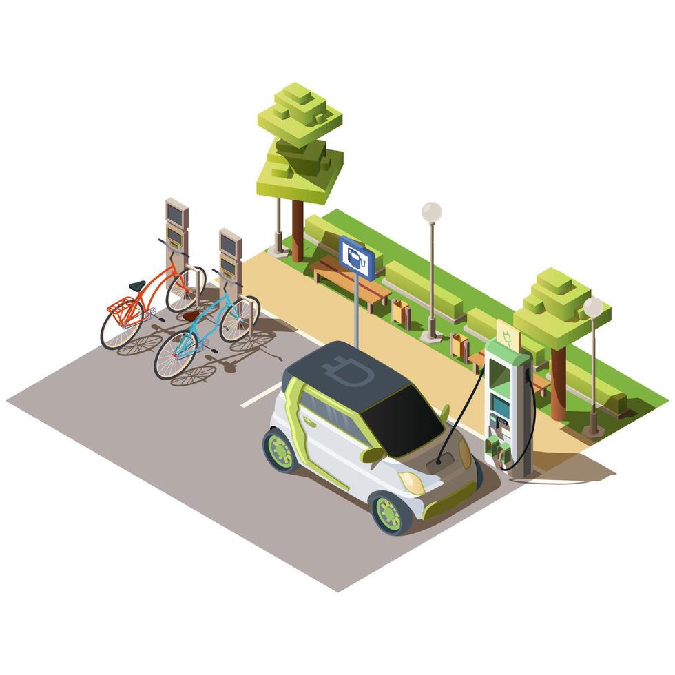 parking pour Vélos et électro voitures illustration. isométrique électrique vert Véhicules mise en charge station et bicyclette de location lieu. écologique transport concept. vecteur