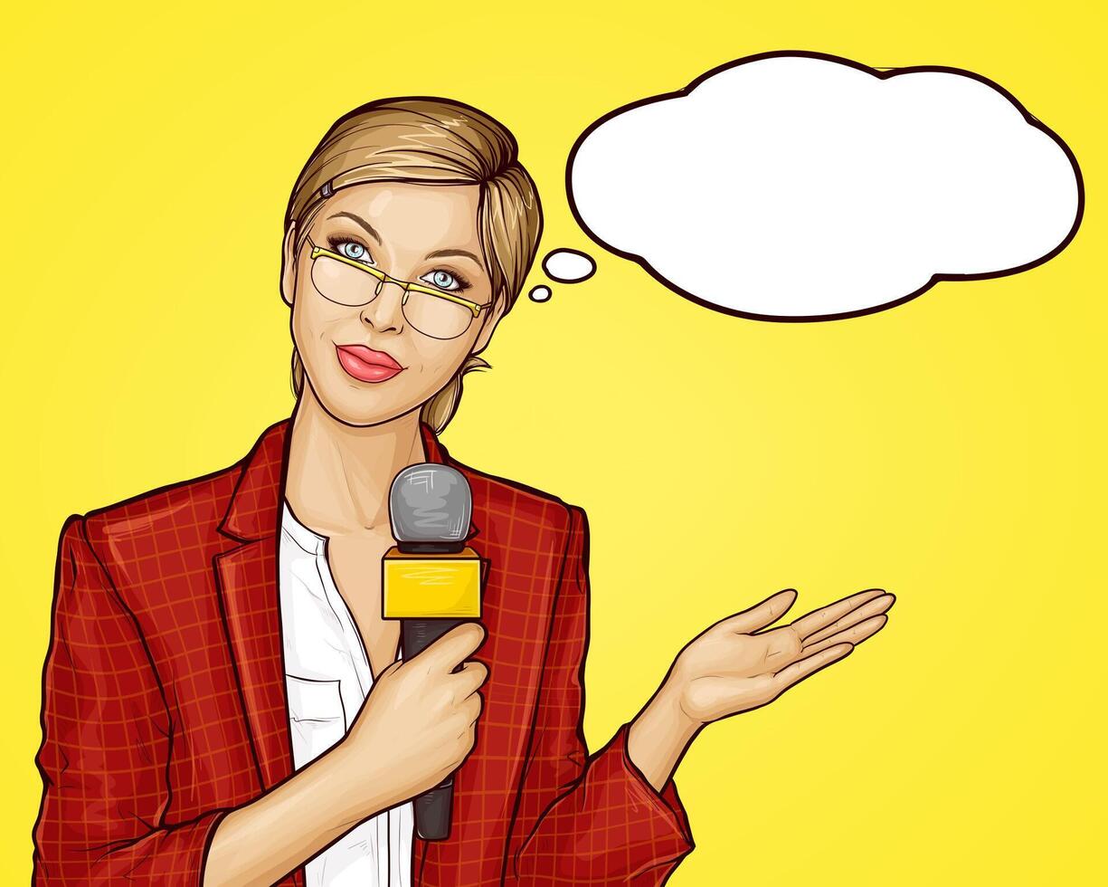 pop art magnifique femelle la télé journaliste diffusions en direct. Jeune femme journaliste, présentateur dans veste et des lunettes en portant microphone dans main. illustration sur Jaune Contexte dans rétro bande dessinée style. vecteur