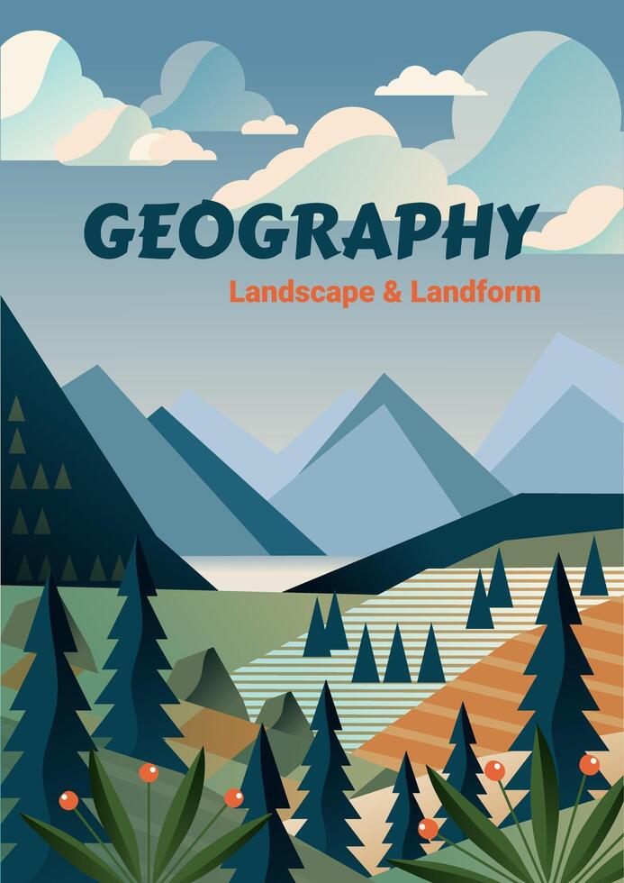 moderne géométrique décoratif style paysage illustration avec montagnes, des lacs, les forêts, et les terres agricoles vecteur