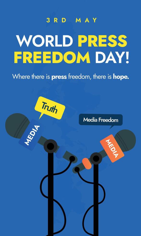 monde presse liberté journée. 3e mai monde presse liberté journée verticale bannière, social médias Publier avec deux microphones liberté de expression, journalisme, vérité conceptuel récit poste. vecteur