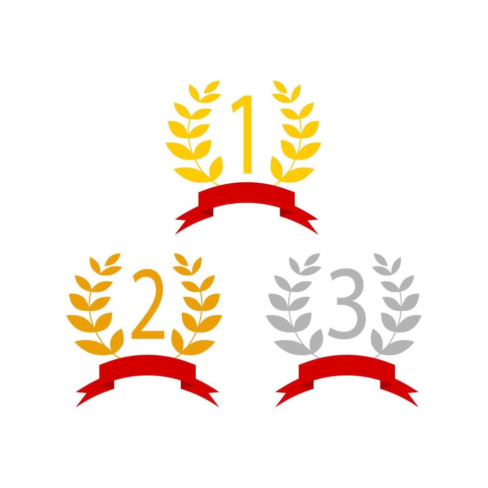 gagner endroit icône avec couronne Cadre. prix symbole - 1er, 2e et 3e lieu. or, argent et bronze laurier couronnes de fleurs avec panneaux de d'abord, seconde et troisième lieux. illustration. vecteur