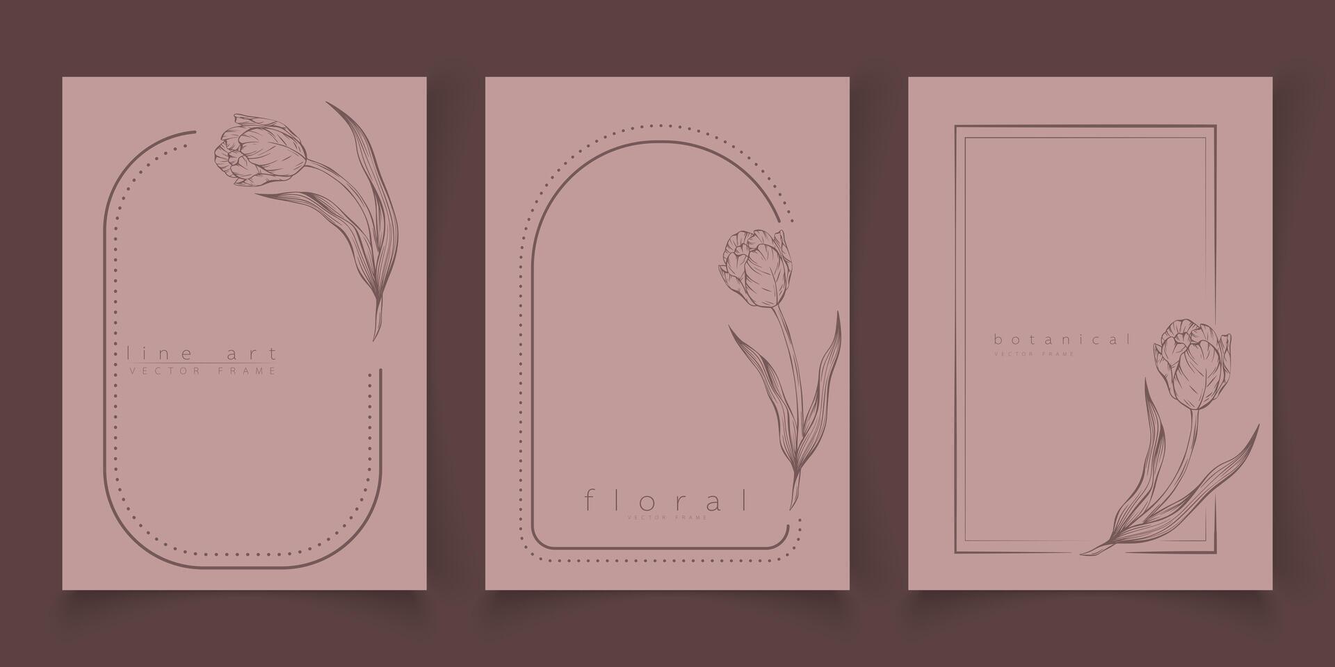 ensemble de Cadre modèles dans minimal linéaire style avec main tiré tulipes. élégant floral tulipe ligne art frontière pour pour Étiquettes, entreprise identité, mariage invitation, logo, enregistrer le date, beauté industrie vecteur