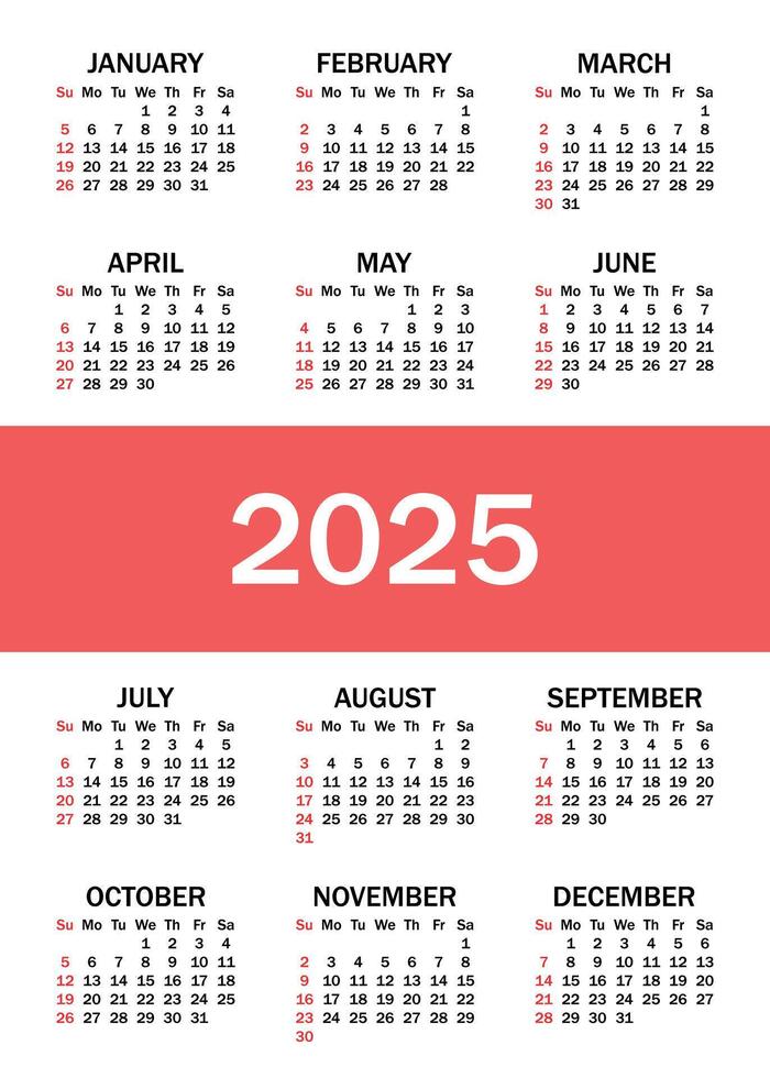 calendrier 2025. le la semaine départs sur dimanche. annuel calendrier 2025 modèle. affaires calendrier dans une minimaliste style. vecteur