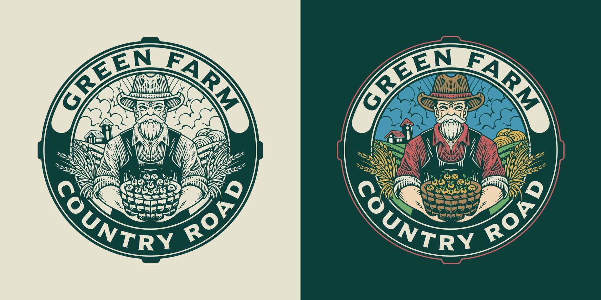 agriculteur en portant légume logo ancien style illustration pour agriculture industrie vecteur