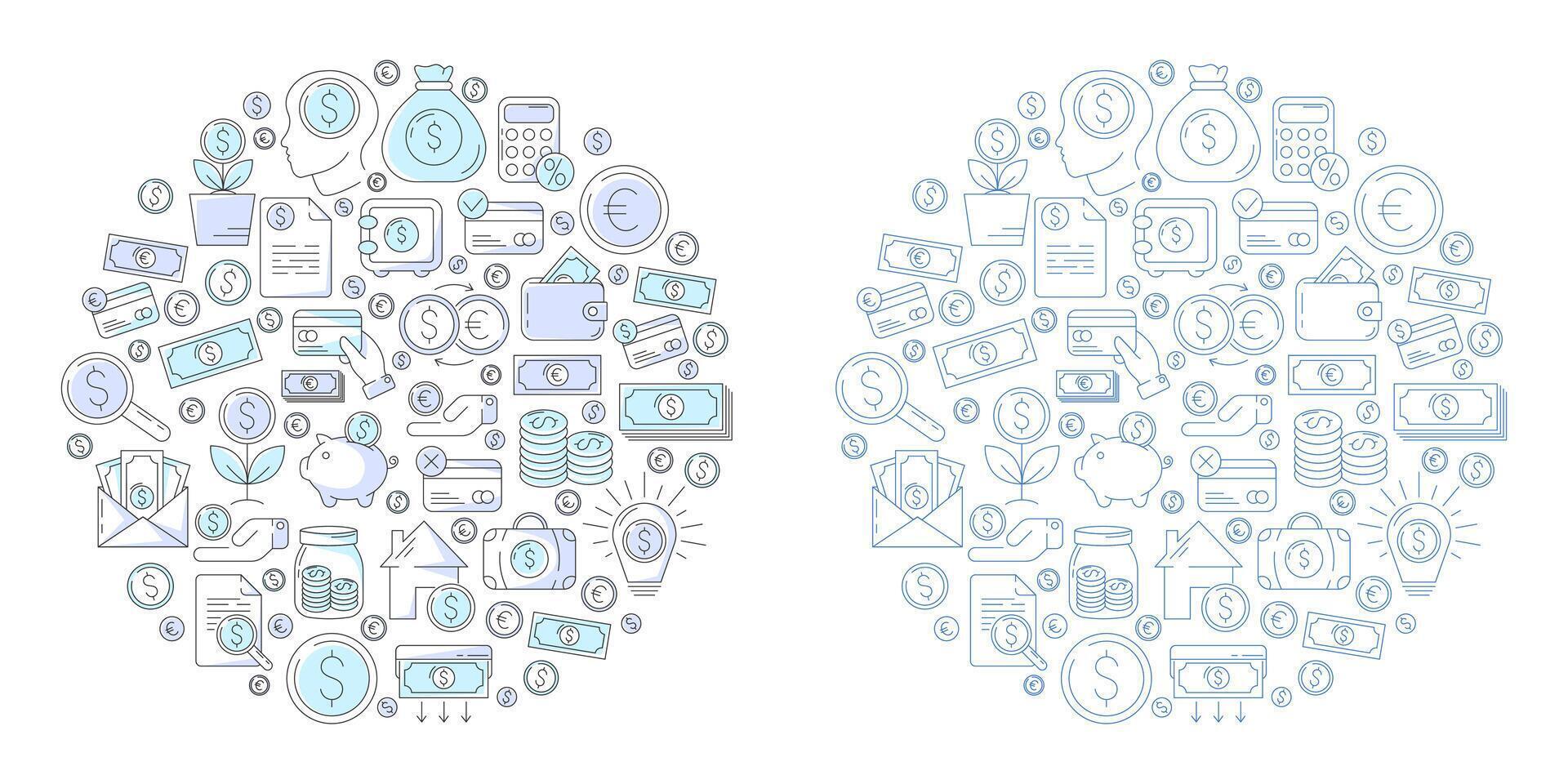 argent et Paiement méthodes, rond composition, contour icône ensemble. affaires et la finance conception avec espèces, pièce de monnaie, bancaire, carte, échange, économie, transaction symbole. vecteur