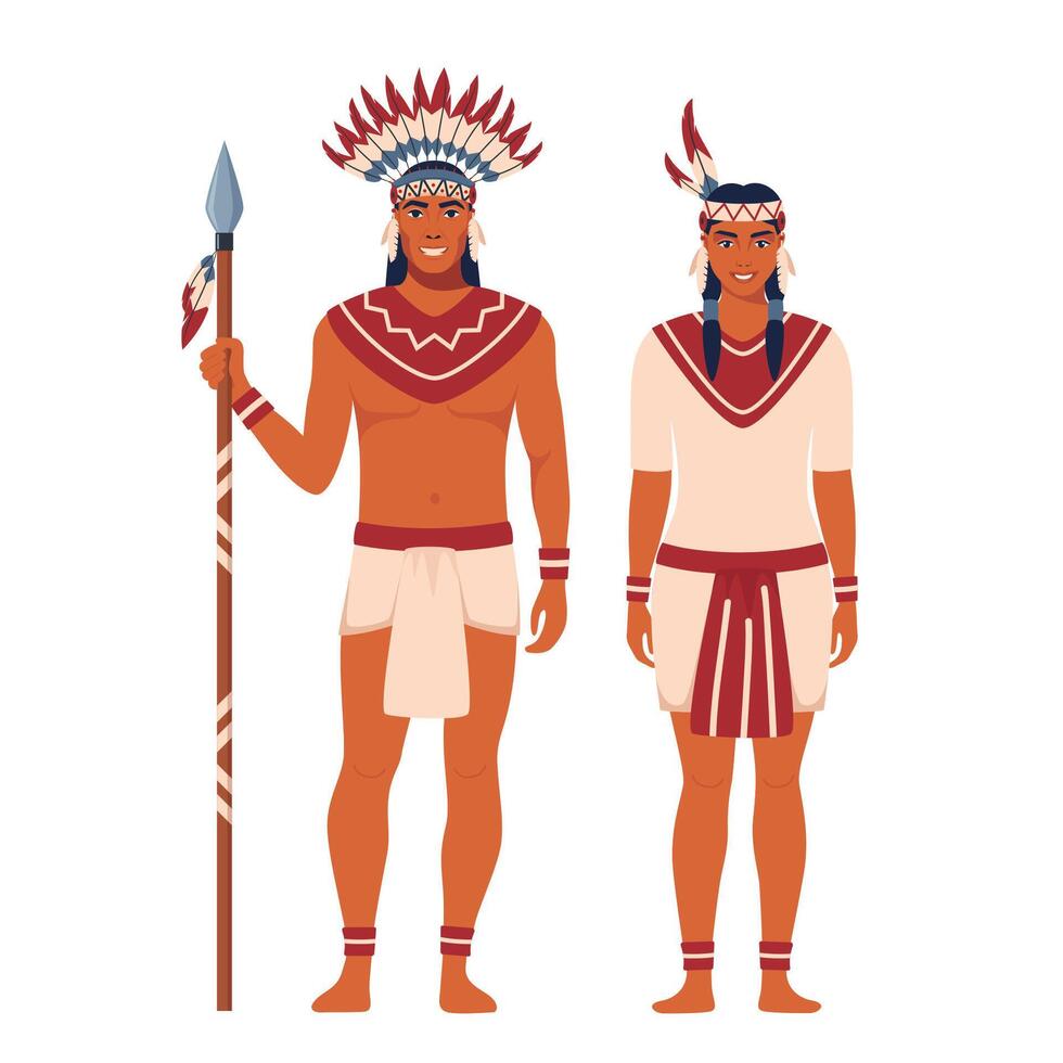 américain Indiens homme et femme couple dans traditionnel nationale vêtements. originaire de les Américains portant traditionnel déguisements. femme dans nationale robe. homme dans plume coiffure et avec une lance. vecteur
