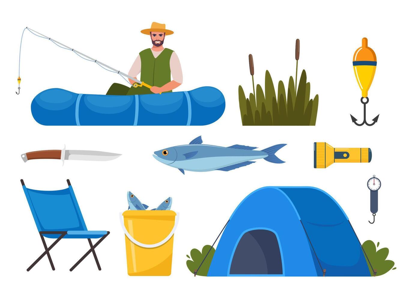 équipement et outils pour pêche. pêche canne à pêche, flotter, gonflable caoutchouc bateau, atterrissage filet, les pêcheurs vêtements, accrocher, poisson, chapeau, lampe de poche, bottes. Extérieur activité, des loisirs, passe-temps. illustration. vecteur