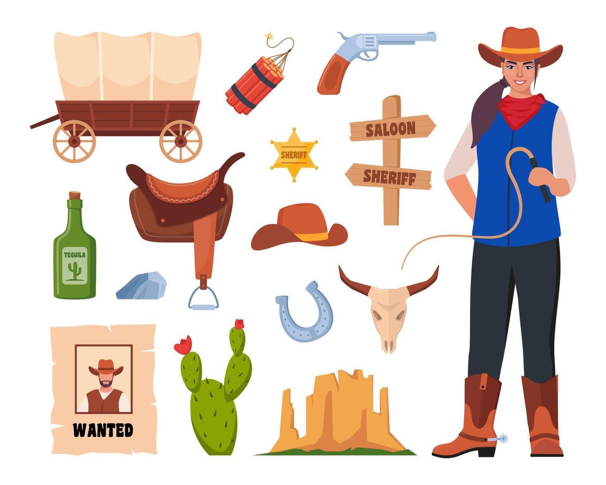 sauvage Ouest Icônes, ensemble. occidental et cow-boy éléments. enseigne, salon porte, voulait affiche, shérif badge, cactus, vache crâne, cow-boy chapeau, revolver, wagon. Texas symboles. vecteur