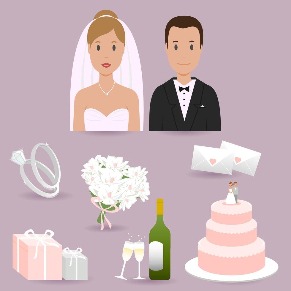 mariage douche ensemble avec la mariée et jeune marié. ensemble de mariage accueil objets des illustrations avec la mariée et marié, mariage gâteau et Champagne. vecteur