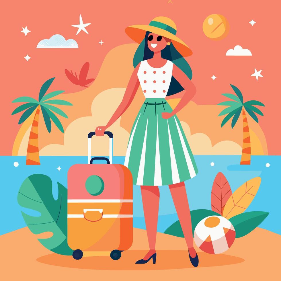 mer paysage femme dans été Vêtements avec valise sur vacances vecteur