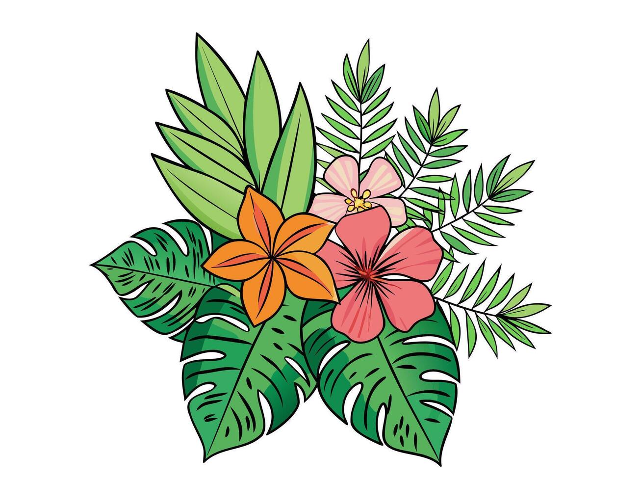 illustration de tropical fleurs avec vert feuilles. vivement coloré tropical fleurit. concept de exotique flore, botanique illustrations, la nature thèmes, été vibrations. isolé sur blanc Contexte. vecteur