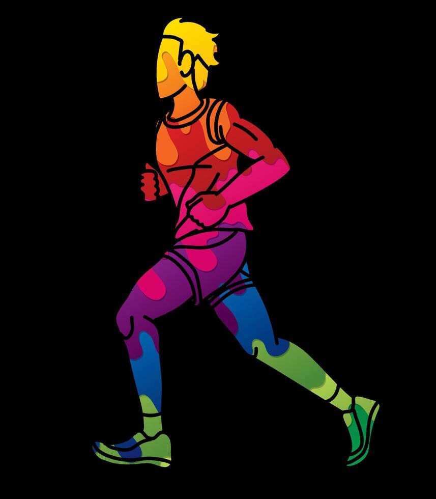 une homme fonctionnement action marathon coureur Masculin mouvement dessin animé sport graphique vecteur