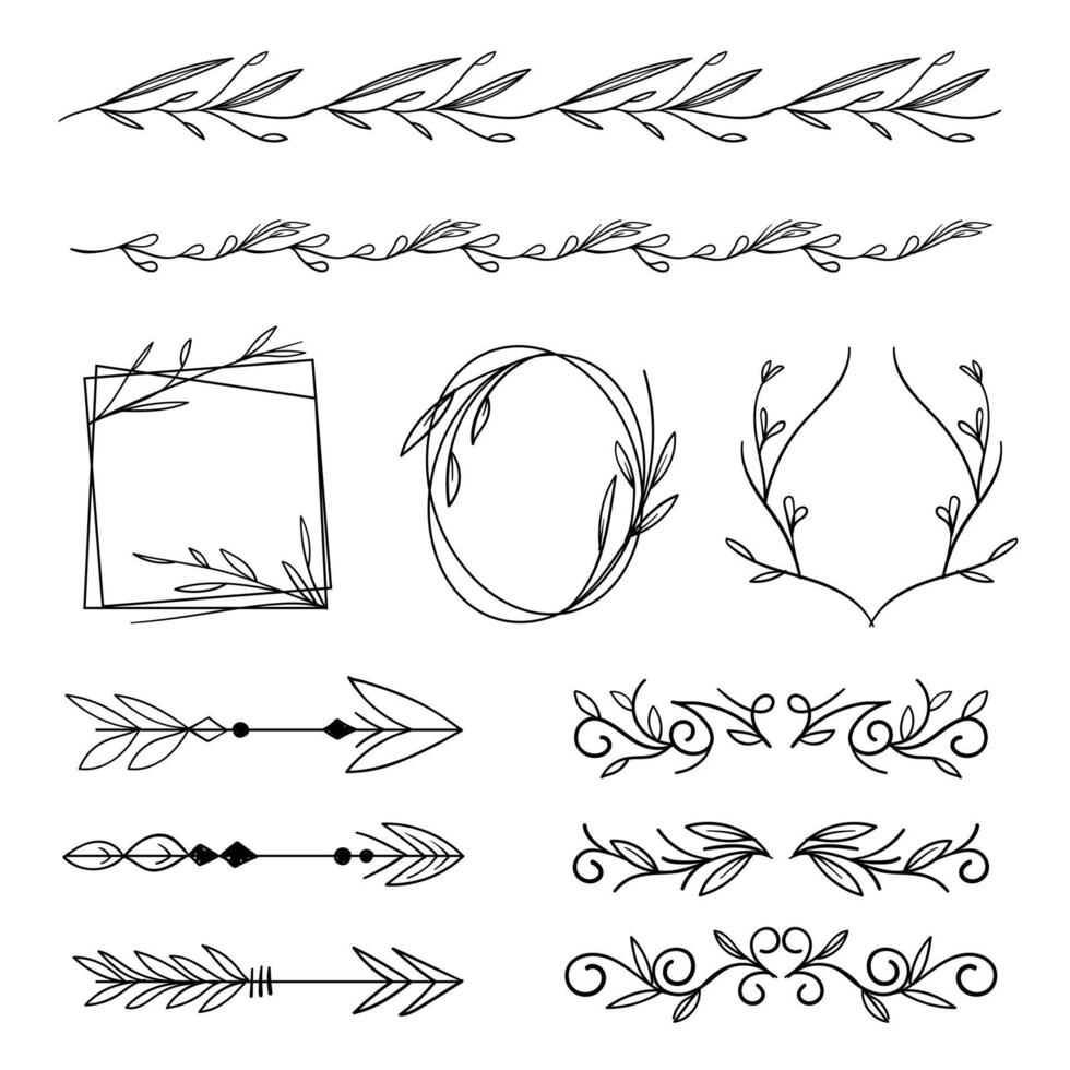 ensemble de frontière ligne conception éléments. ancien ligne éléments. décoratif dessin insignes, cadres. décoration, bannières, tourbillonne séparateur, emblèmes, flèches. illustration. vecteur