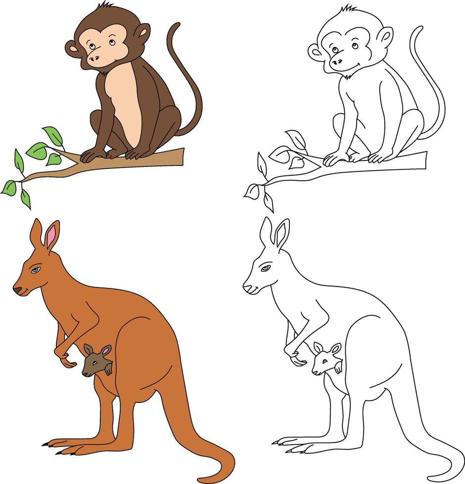 kangourou et singe clipart. sauvage animaux clipart collection pour les amoureux de jungles et faune. cette ensemble volonté être une parfait une addition à votre safari et sur le thème du zoo projets vecteur