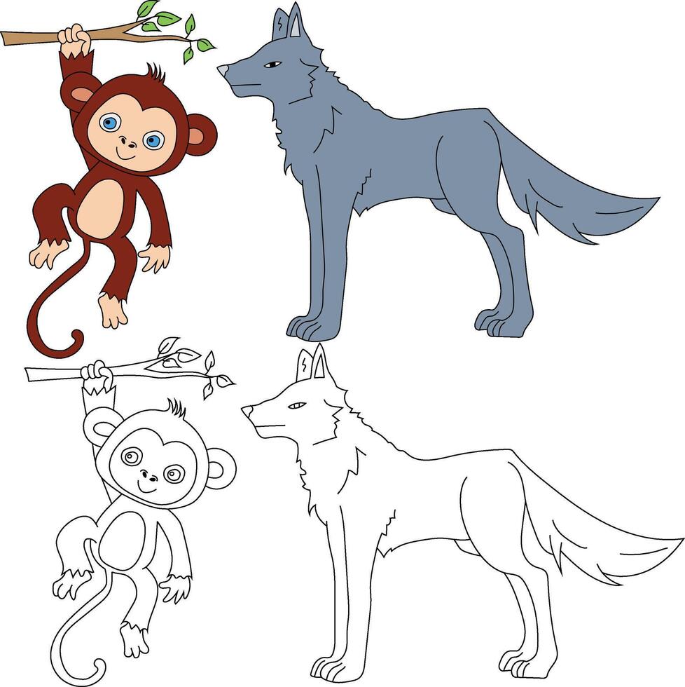 Loup et singe clipart. sauvage animaux clipart collection pour les amoureux de jungles et faune. cette ensemble volonté être une parfait une addition à votre safari et sur le thème du zoo projets vecteur