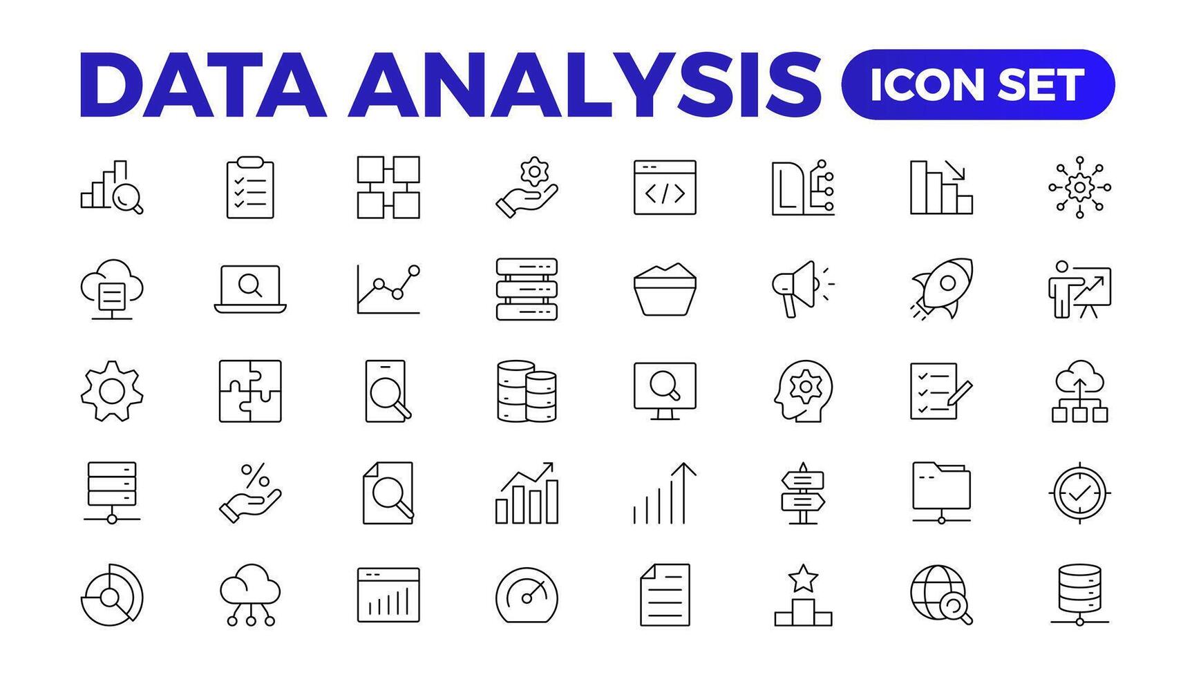 Les données analytique icône ensemble. gros Les données une analyse La technologie symbole. contenant base de données,informatique et réseau Icônes. solide Icônes collection.data ligne analytique, ai, hébergement, surveillance. contour icône vecteur