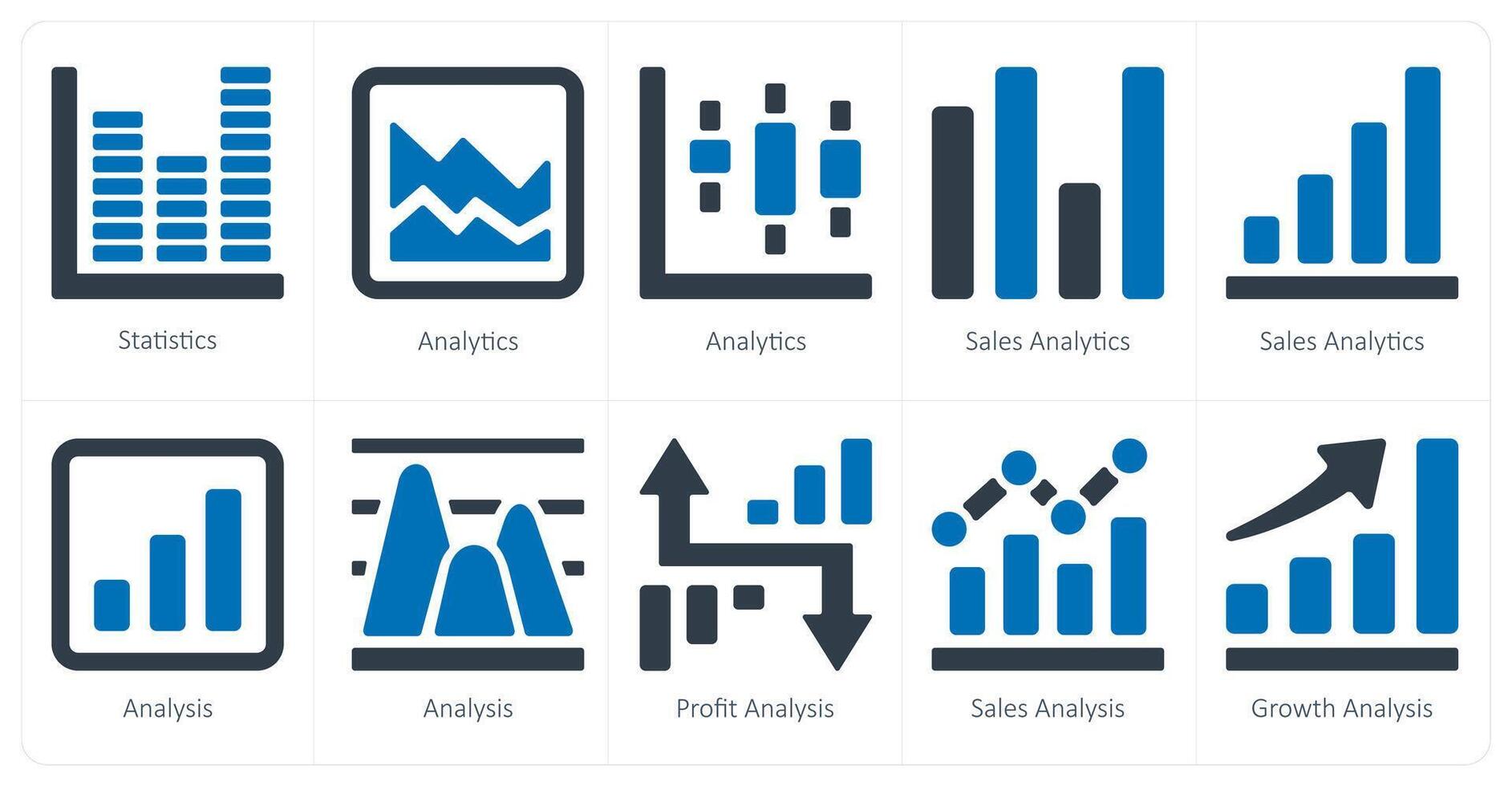 une ensemble de dix diagrammes et rapports Icônes comme statistiques, analytique, Ventes analytique vecteur