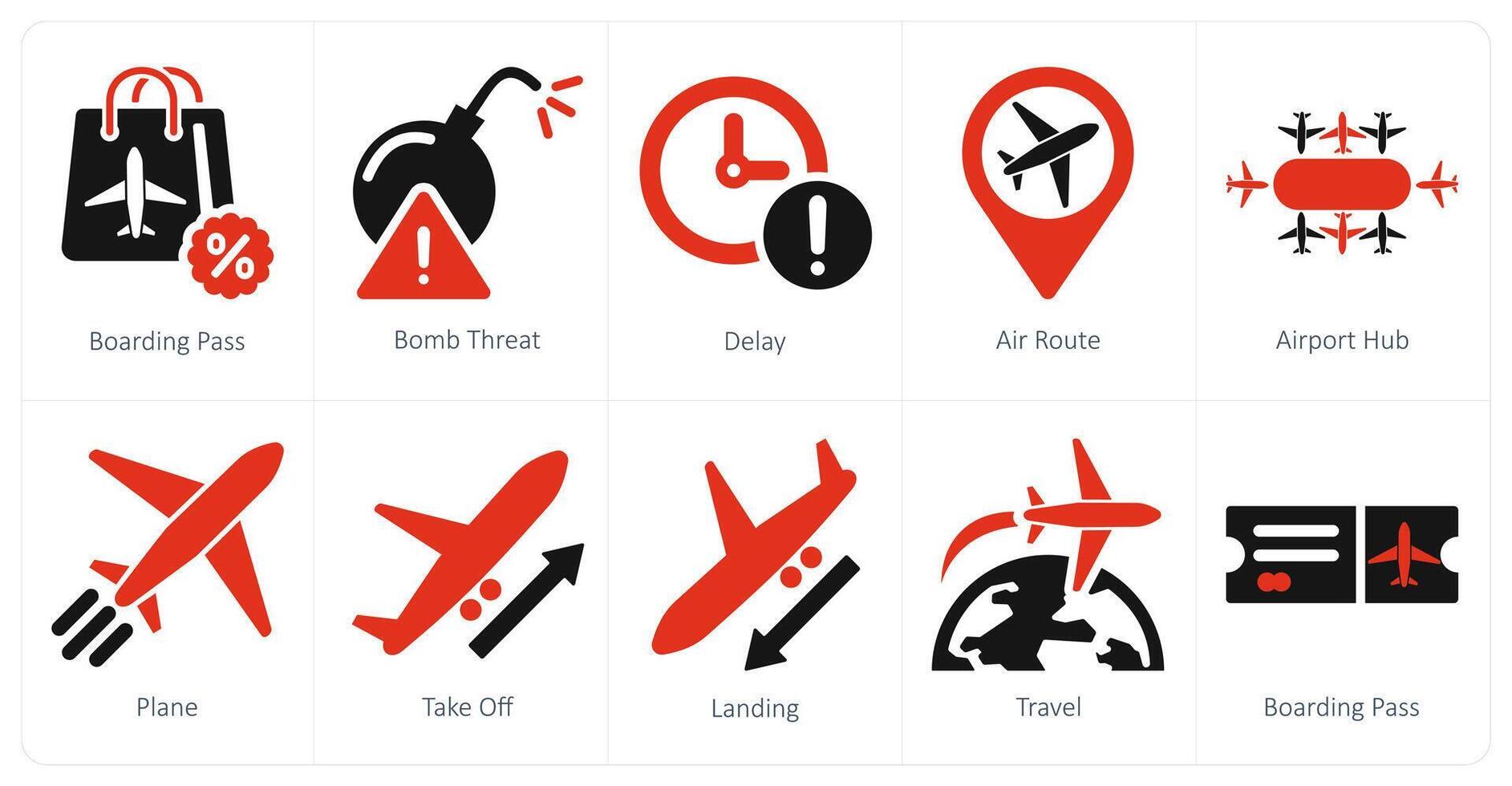 une ensemble de dix aéroport Icônes comme embarquement passer, bombe menace, retard vecteur