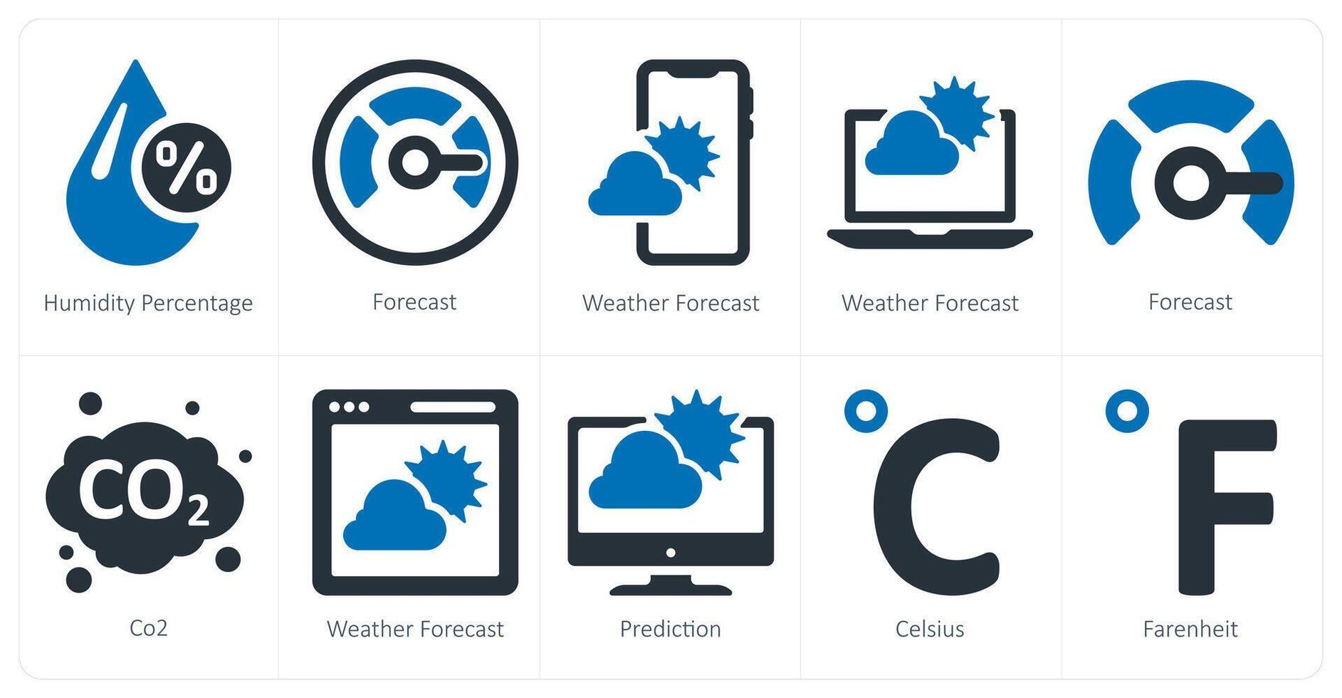 une ensemble de dix temps Icônes comme humidité pourcentage, prévision, temps prévoir vecteur