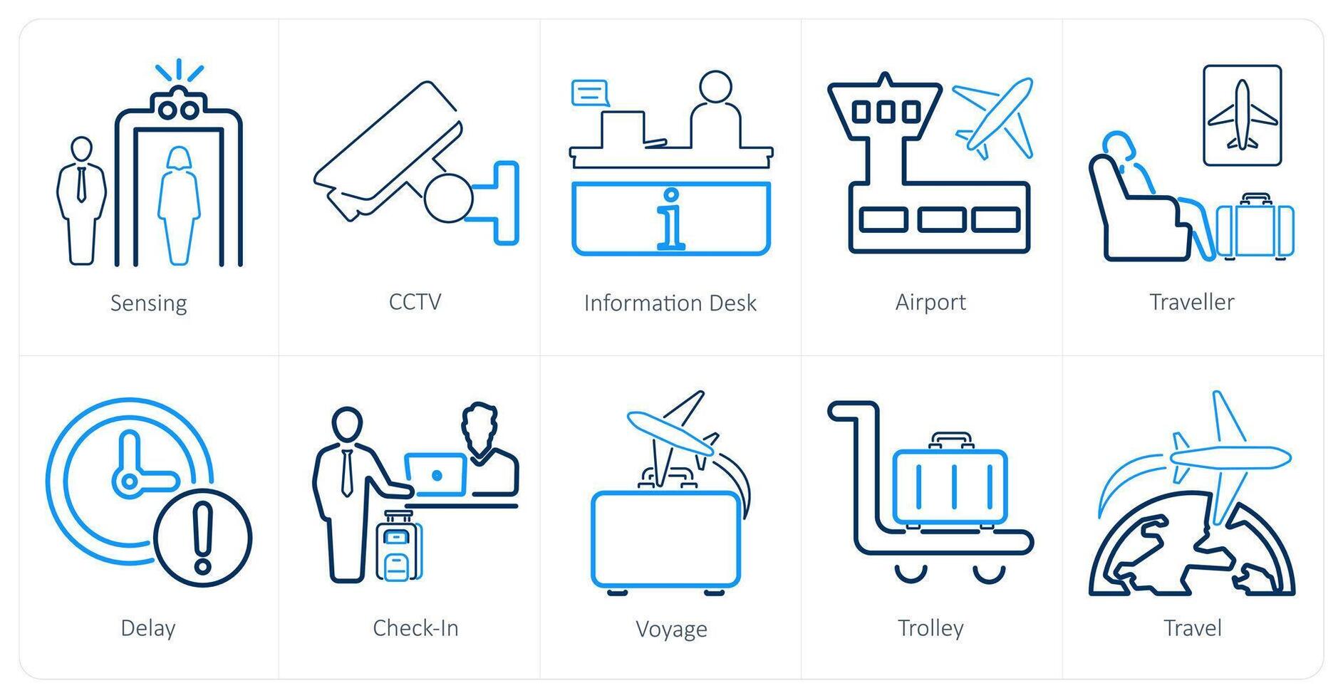 une ensemble de dix aéroport Icônes comme détection, vidéosurveillance, information bureau vecteur