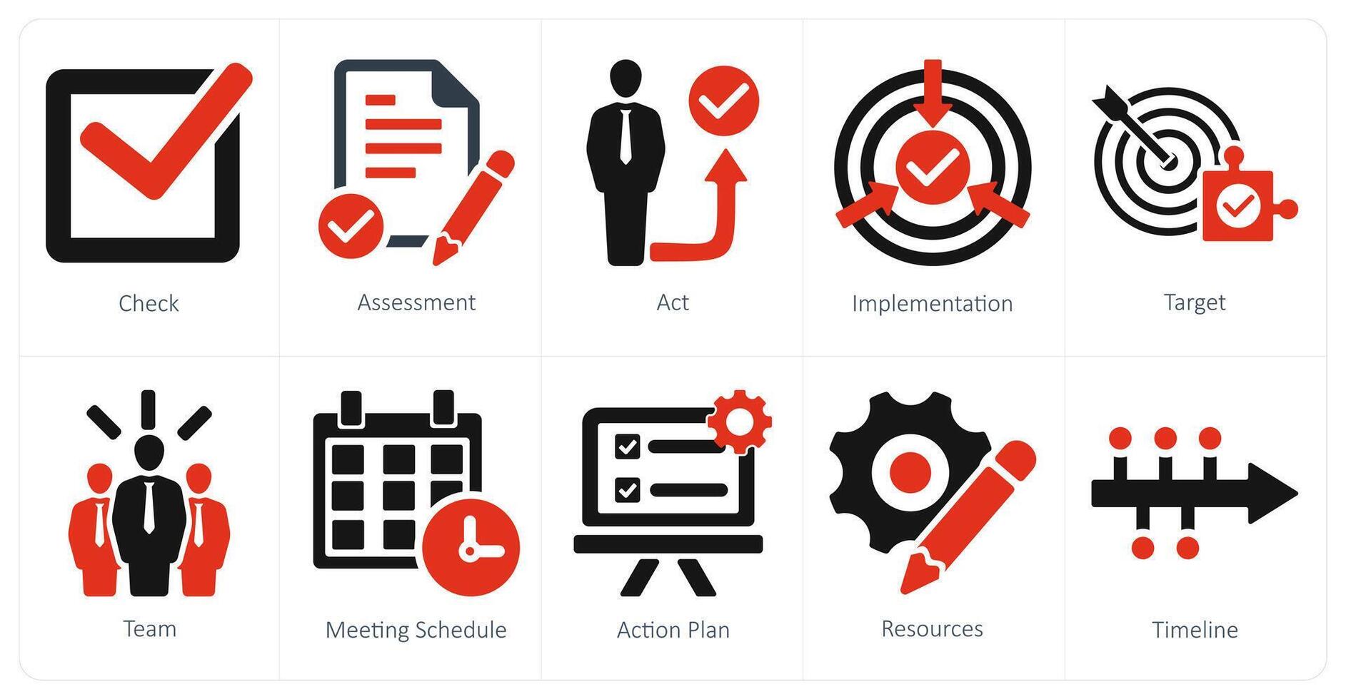 une ensemble de dix action plan Icônes comme vérifier, évaluation, acte vecteur