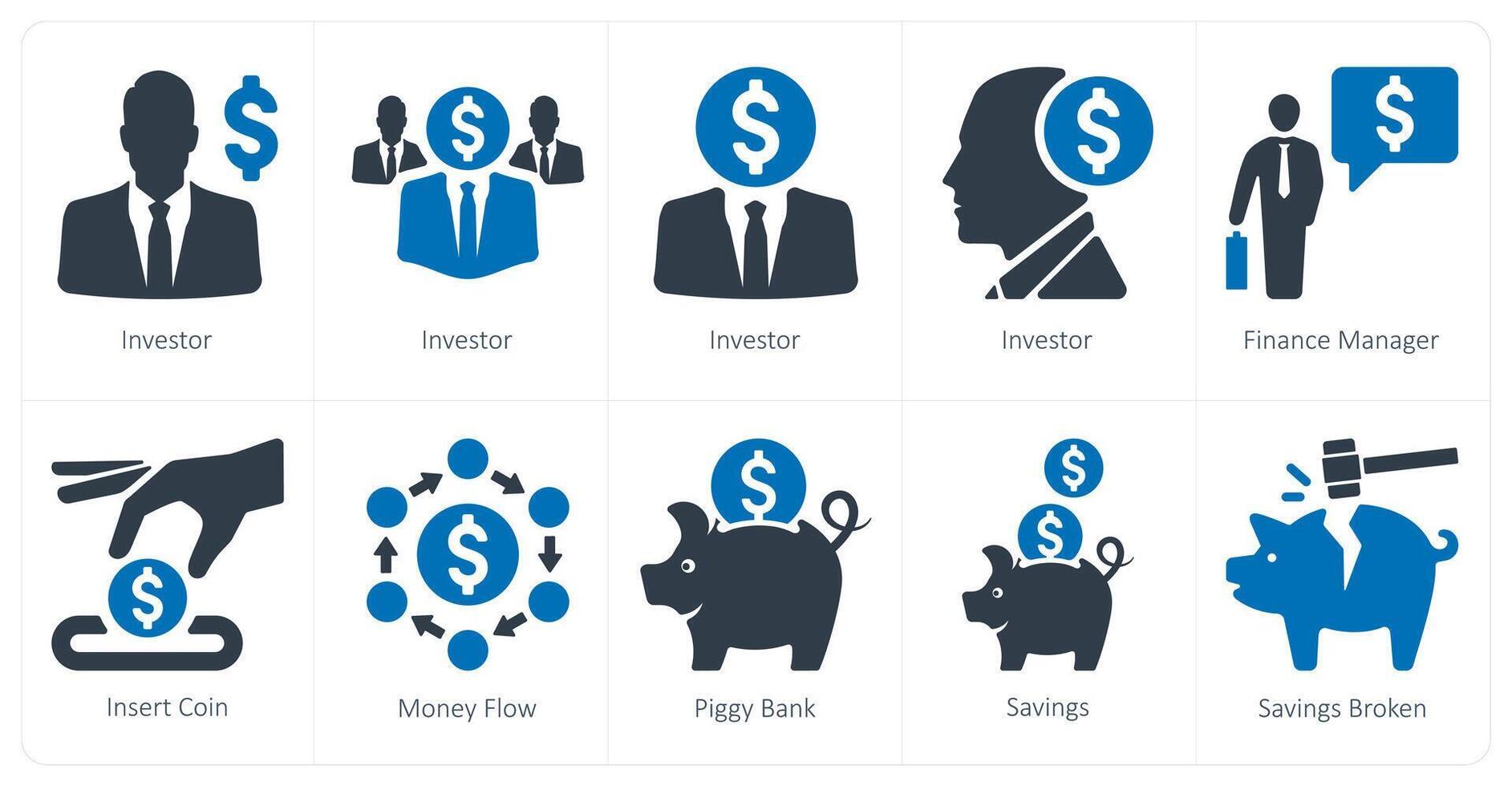 une ensemble de dix la finance Icônes comme investisseur, la finance directeur, insérer pièce de monnaie vecteur