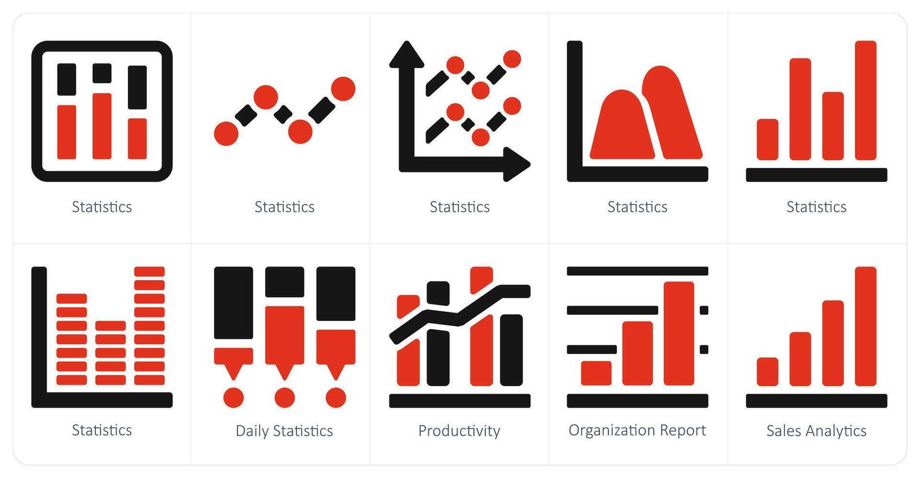 une ensemble de dix diagramme et rapports et rapports Icônes comme statistiques, du quotidien statistiques, productivité vecteur