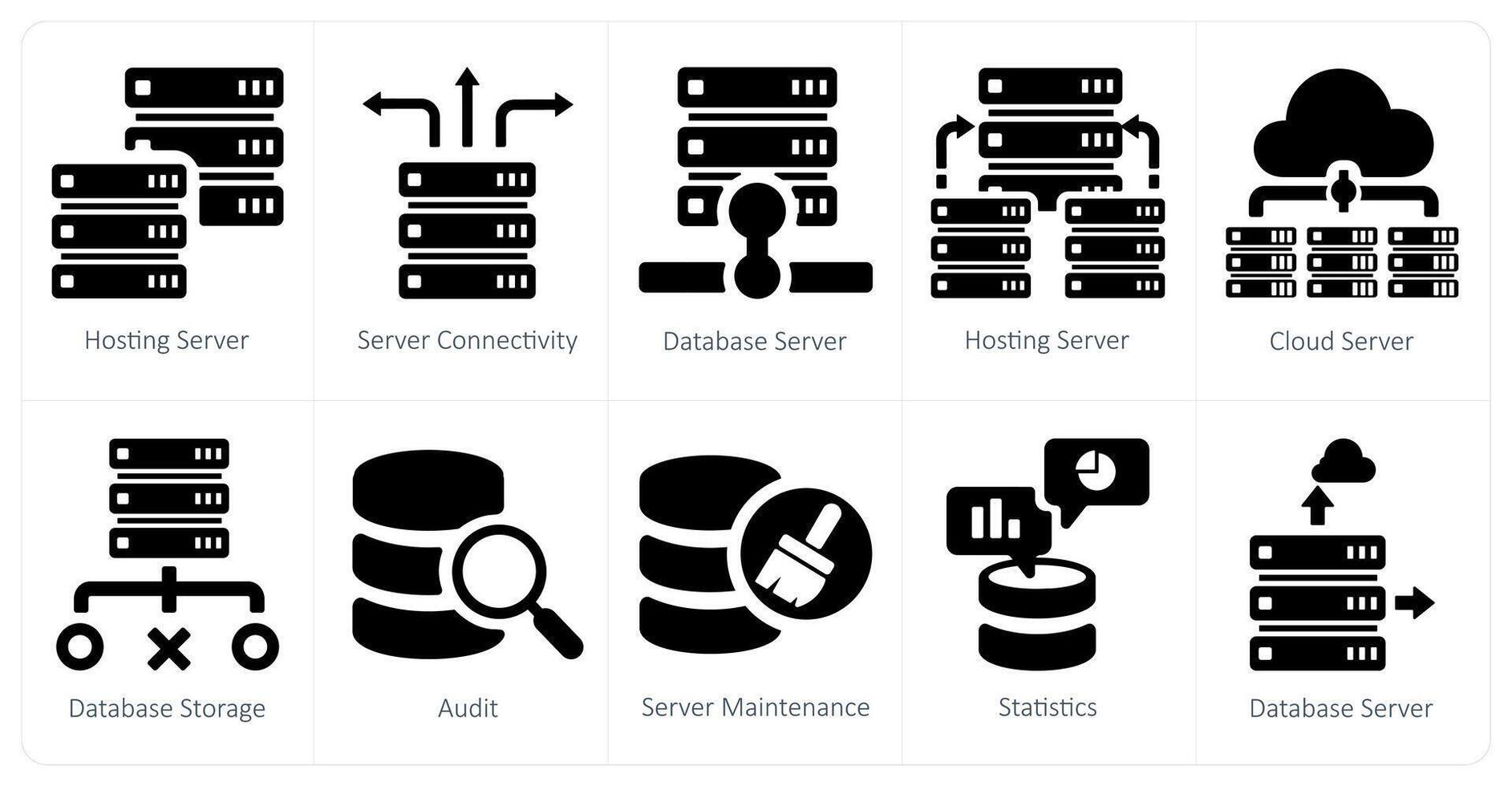 une ensemble de dix gros Les données Icônes comme hébergement serveur, serveur connectivité, hébergement serveur vecteur