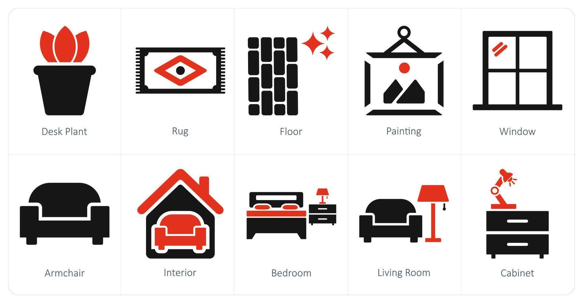 une ensemble de dix Accueil intérieur Icônes comme bureau usine, tapis, sol vecteur
