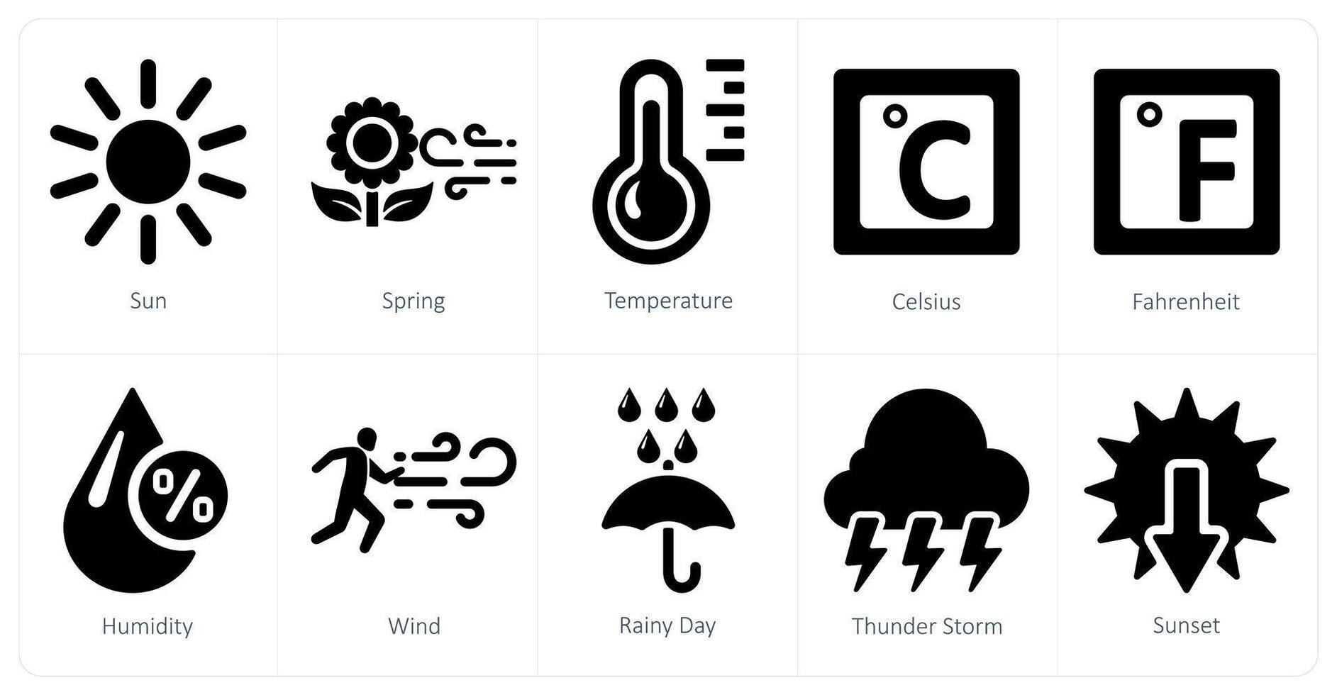 une ensemble de dix mélanger Icônes comme soleil, printemps, Température vecteur