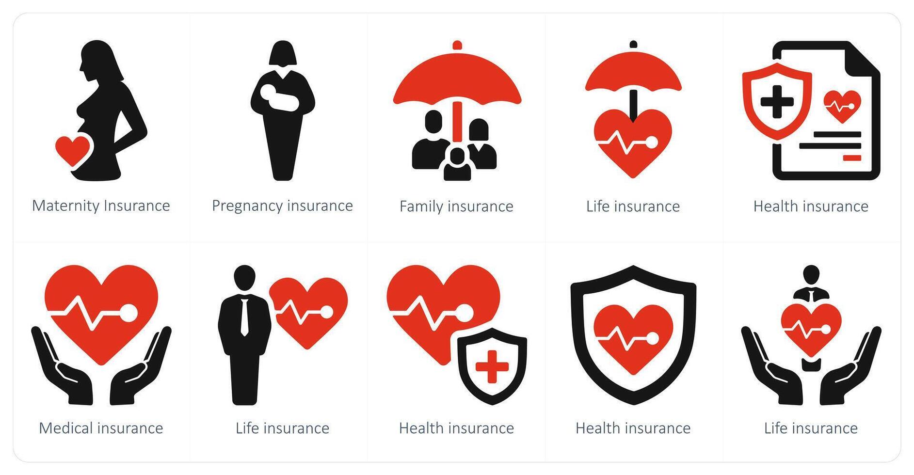 une ensemble de dix Assurance Icônes comme maternité assurance, grossesse assurance, famille Assurance vecteur