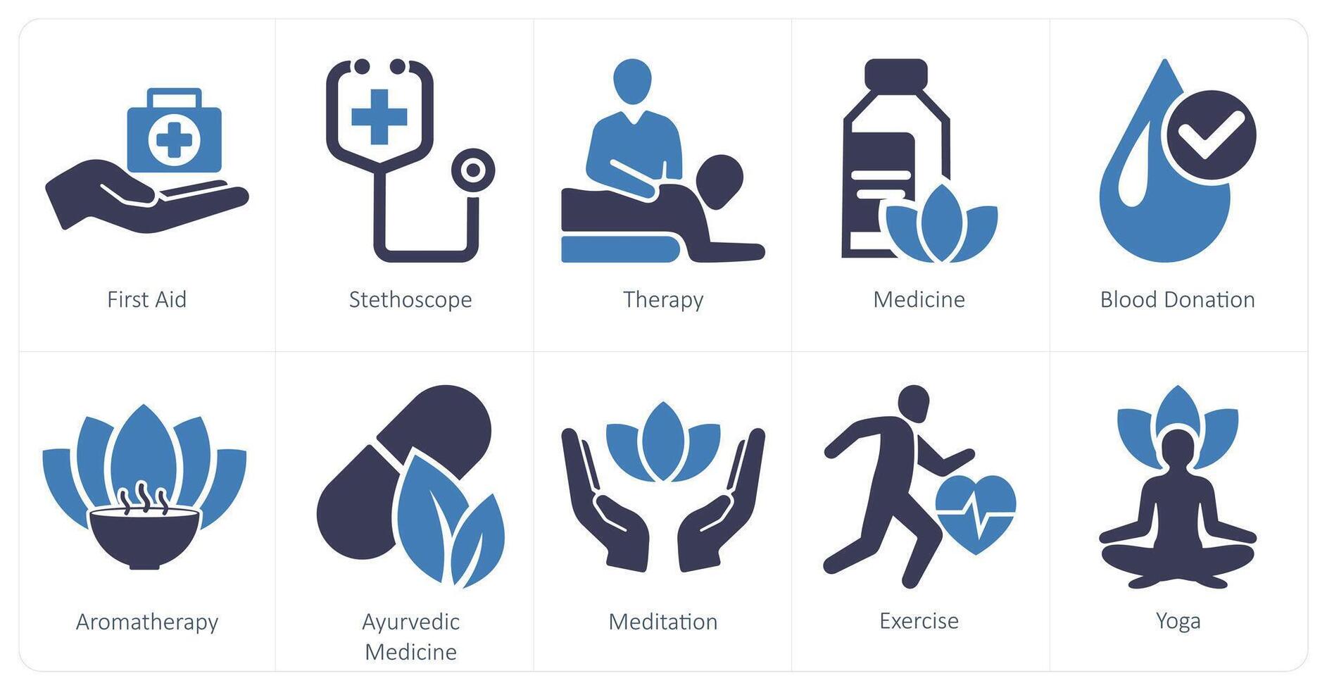 une ensemble de dix mélanger Icônes comme premier aide, stéthoscope, thérapie vecteur