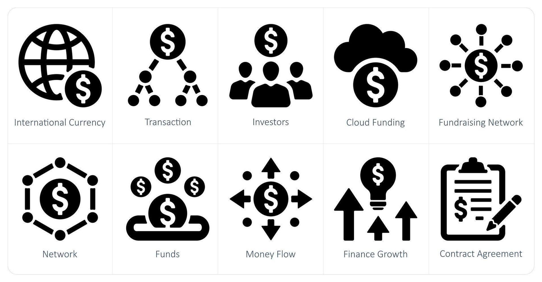 une ensemble de dix financement participatif Icônes comme international monnaie, transition, investisseurs vecteur