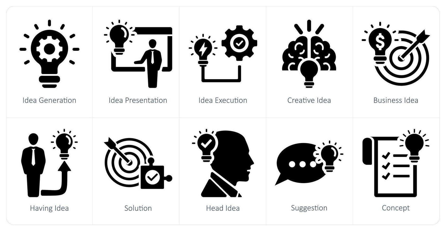 une ensemble de dix idée Icônes comme idée génération, idée présentation, idée exécution vecteur