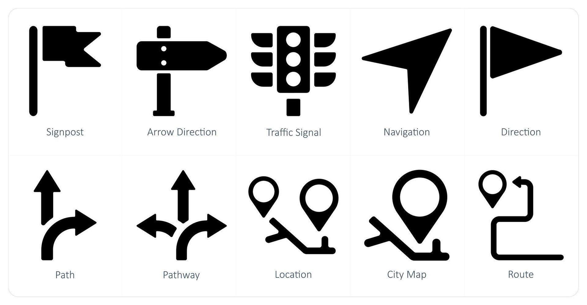 une ensemble de dix la navigation Icônes comme poteau indicateur, La Flèche direction, circulation signal vecteur